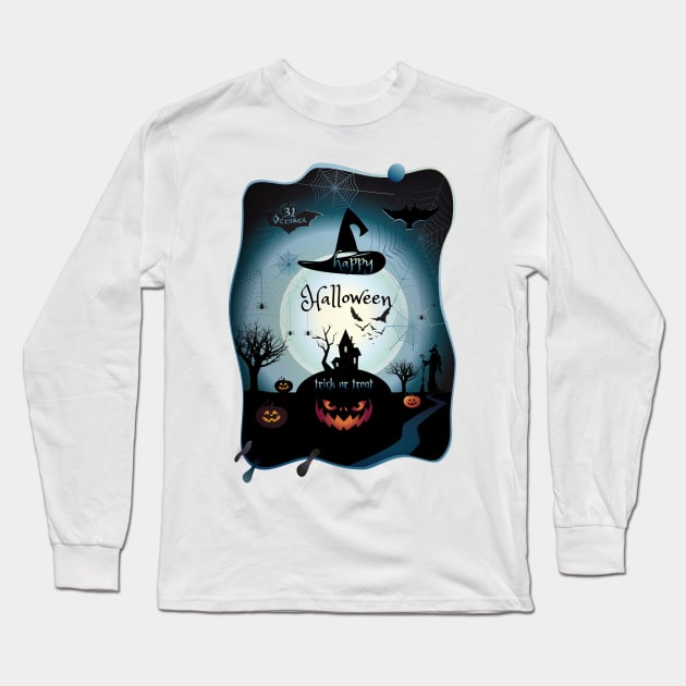 Halloween Night Party Decoration. Treat or Trick Characters Paper Art, Cut paper Handmade style. T-Shirt Long Sleeve T-Shirt by sofiartmedia